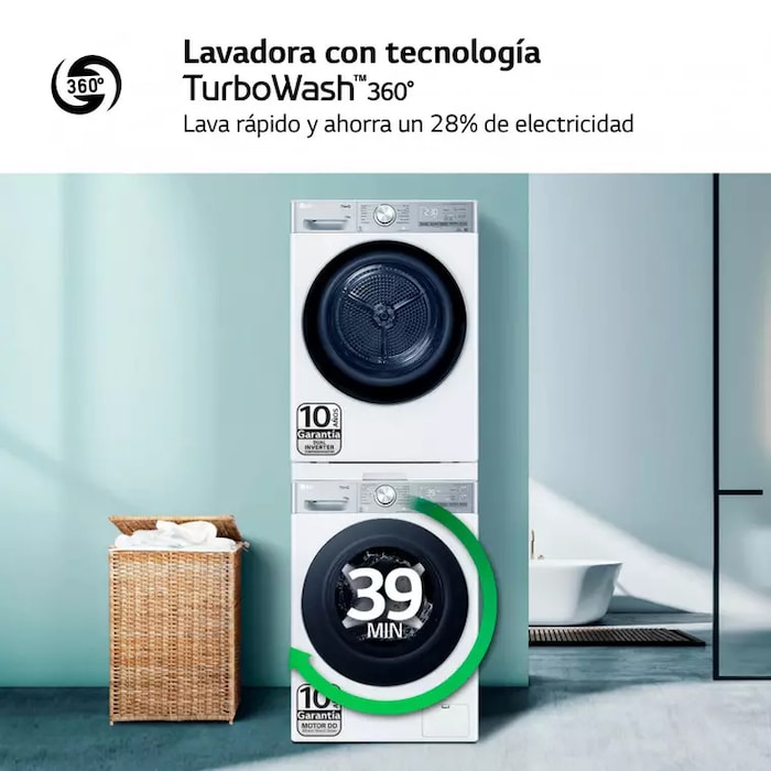 LG Torre de Lavado, Blanca, Lavadora inteligente 13kg, 1400rpm, Un 10% mas eficiente que A + Secadora 10kg, A+++\tT, TORRE1310KG.SET.EEES.C